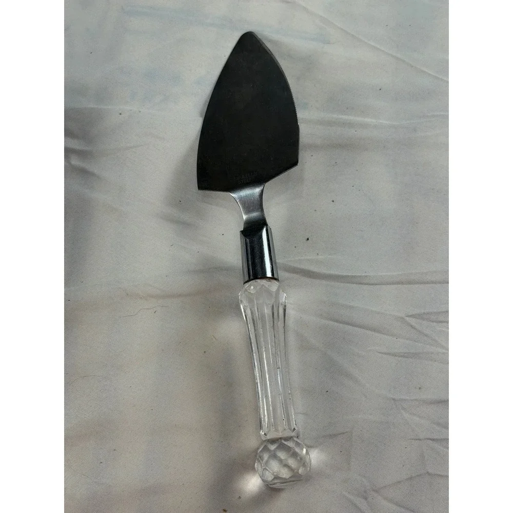 Vintage Stainless Steel Cake Pie Server Serrated Edge Clear Faceted Handle